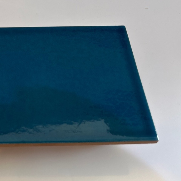 Very Glossy Deep Teal Ceramic Riser (4 by 8 inches) with Natural wood legs - Picture 2 of 2